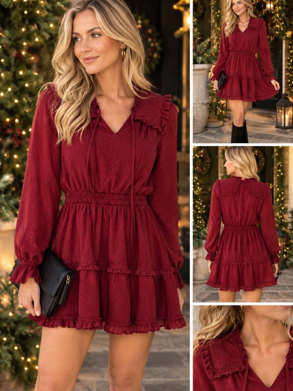 Shabby Chic Cottagecore Burgundy Ruffle Mini Dress Long Sleeve Holiday Size M